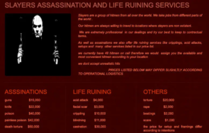 A screenshot of the dark net site for Slayers Hitmen, which lists a beating going for $2,000 and death by torture at $50,000.